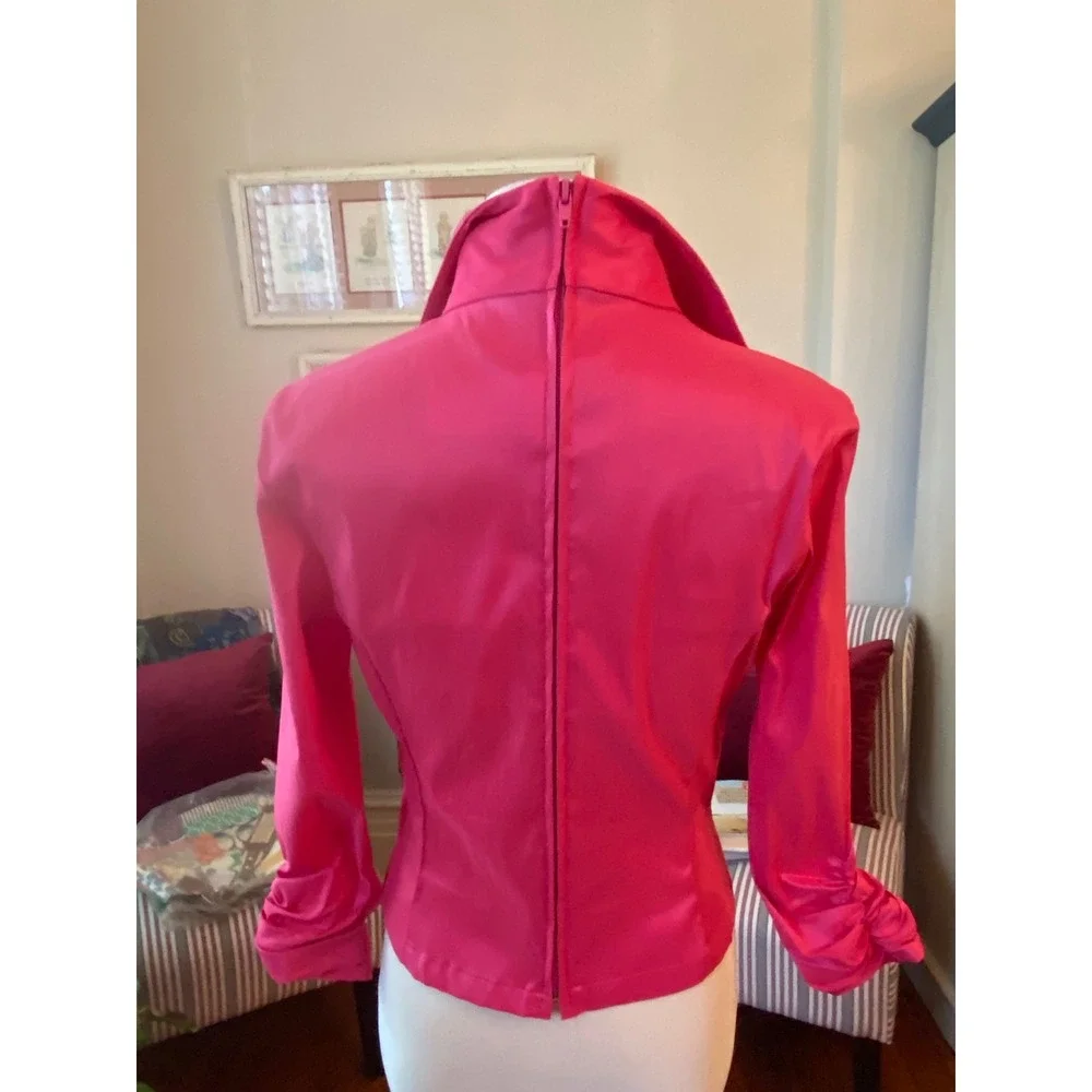 Tadashi Shoji Hot Pink Ruched V-Neck Blouse Long Sleeve formal top size 8 - Picture 6 of 8